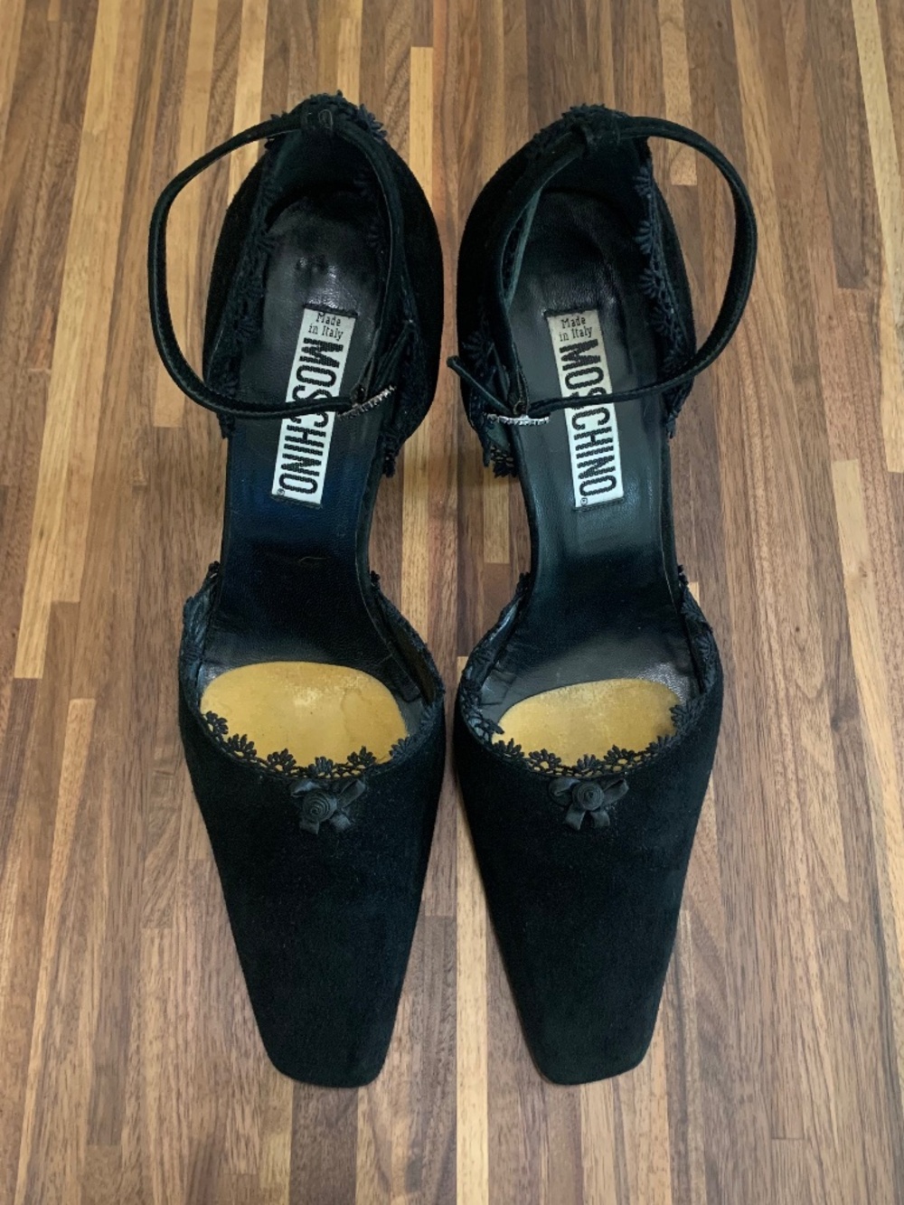 Vintage Moschino Lace Trim Suede Heels